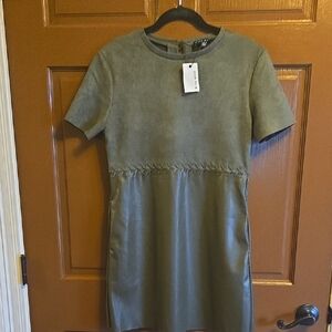 Miou Muse-Faux suede top with faux leather skirt olive dress Sz S NWT.
